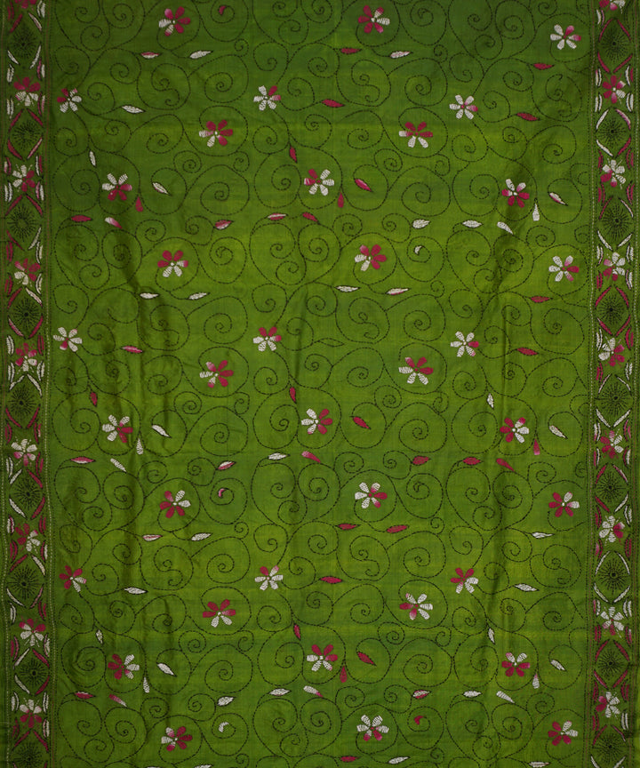 Deep spring bud green tussar silk hand embroidery kantha stitch saree