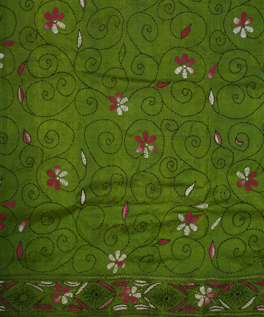 Deep spring bud green tussar silk hand embroidery kantha stitch saree