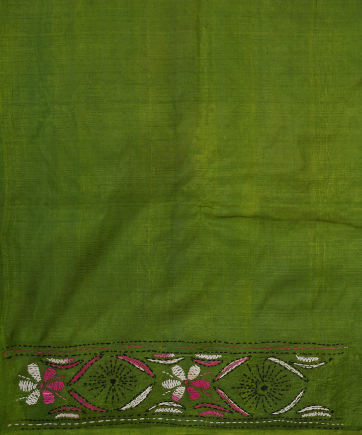 Deep spring bud green tussar silk hand embroidery kantha stitch saree