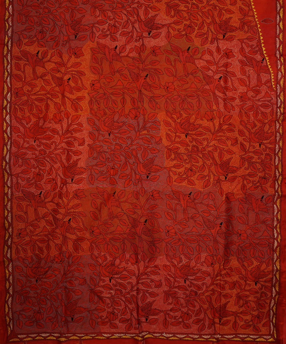Dark pastel red tussar silk hand embroidery kantha stitch saree