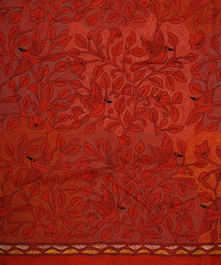 Dark pastel red tussar silk hand embroidery kantha stitch saree