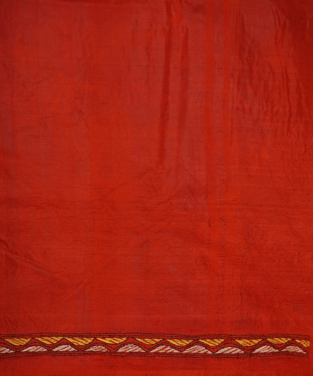 Dark pastel red tussar silk hand embroidery kantha stitch saree