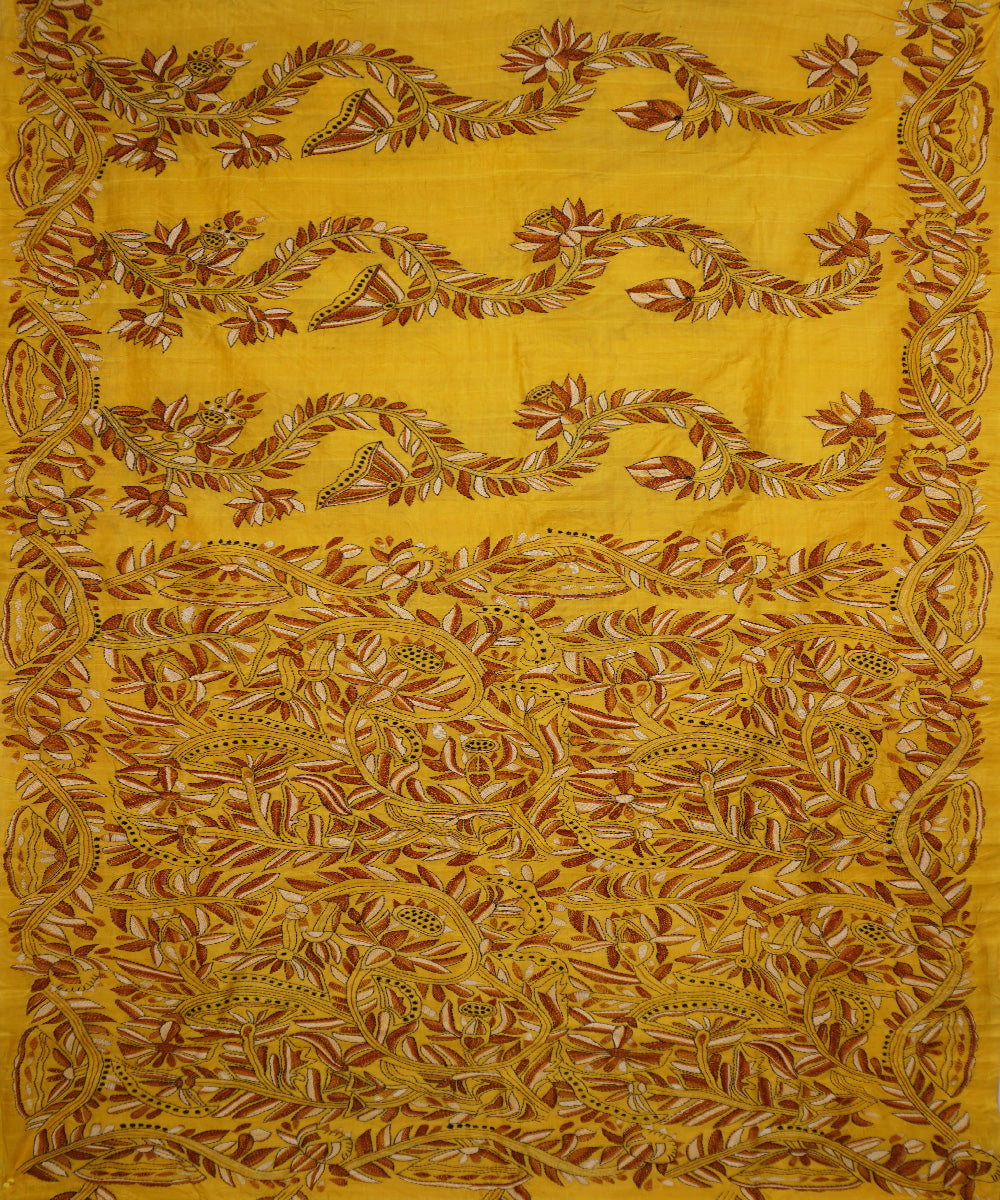 Bright yellow tussar silk hand embroidery kantha stitch saree