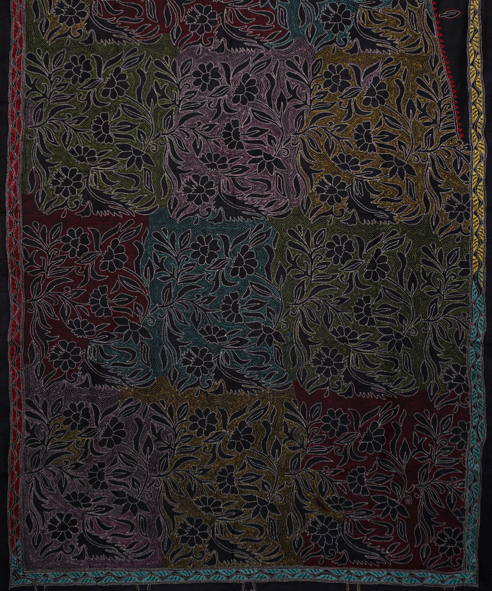 Black tussar silk hand embroidery kantha stitch saree