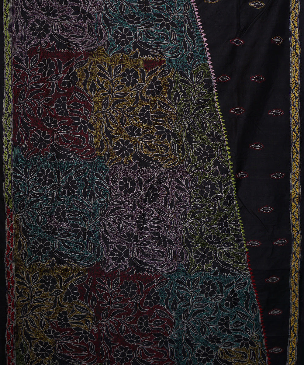 Black tussar silk hand embroidery kantha stitch saree
