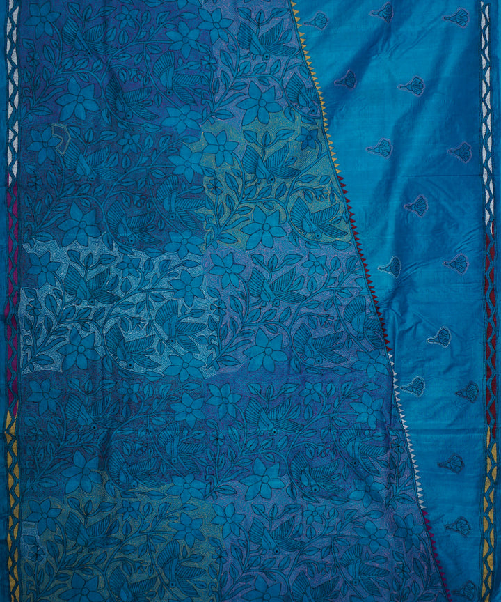 Sky blue tussar silk hand embroidery kantha stitch saree