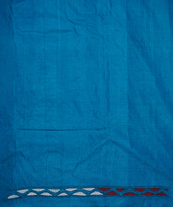 Sky blue tussar silk hand embroidery kantha stitch saree