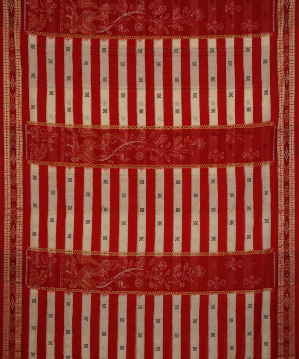 Dark red and beige cotton handwoven bomkai saree