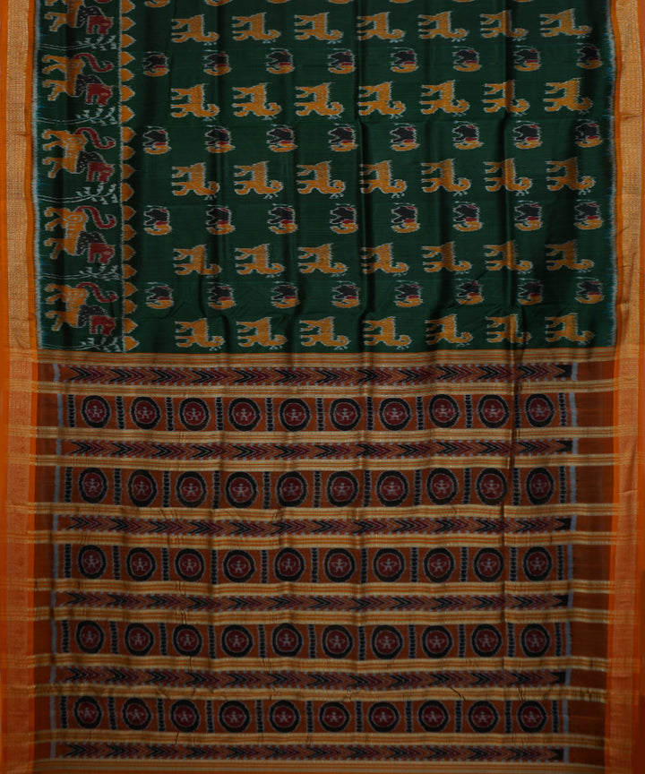 Dark green orange silk handwoven khandua saree