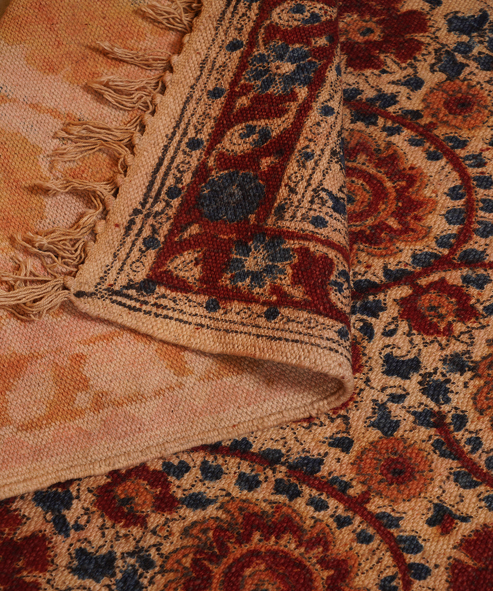 Hand woven multicolour warangal cotton kalamkari durrie