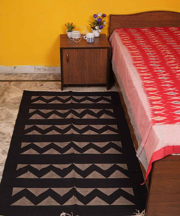 Handwoven black warangal interlock cotton durrie