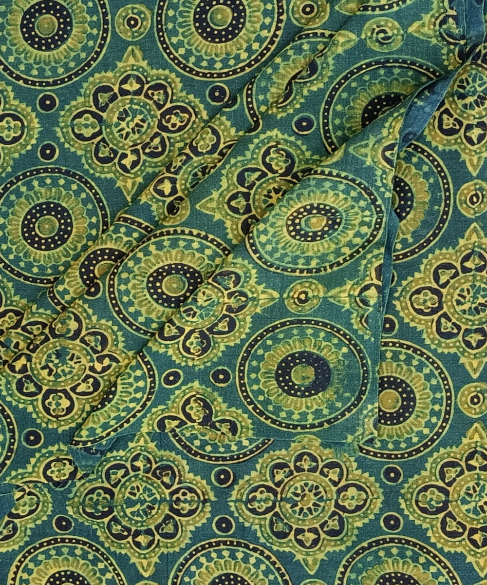 Green handspun handwoven natural dye ajrakh print cotton blouse piece