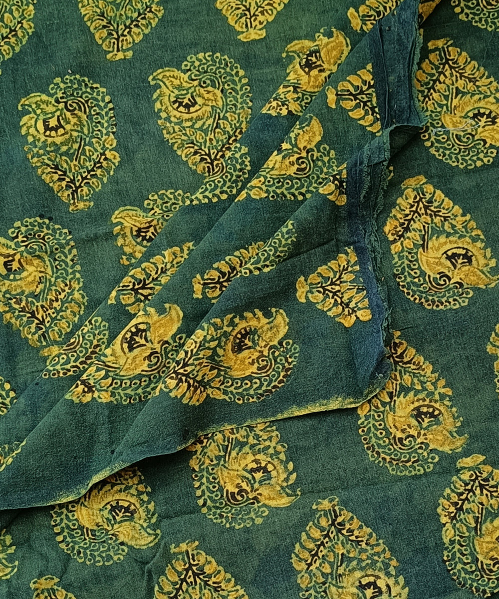 Green hand spun handloom natural dye ajrakh print cotton blouse piece