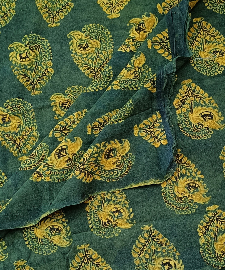 Green hand spun handloom natural dye ajrakh print cotton blouse piece
