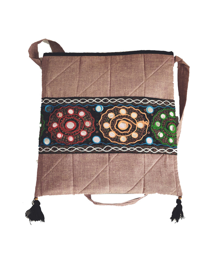 Wood brown hand embroidery cotton sling bag