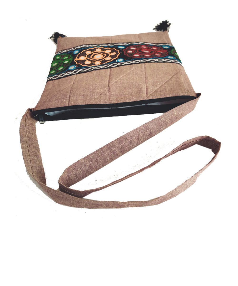 Wood brown hand embroidery cotton sling bag