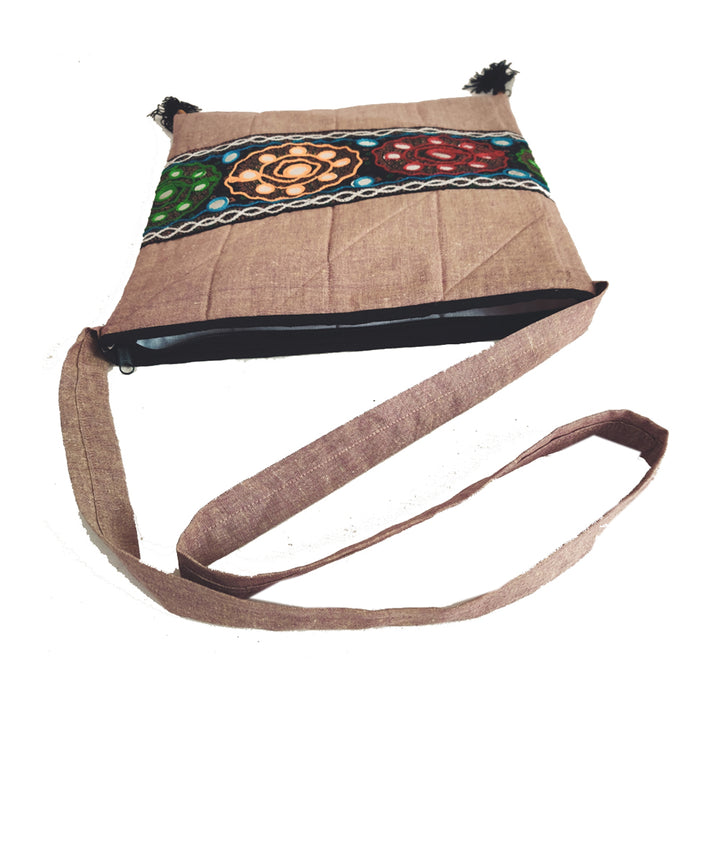 Wood brown hand embroidery cotton sling bag