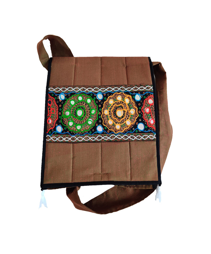 Dark brown hand embroidery cotton sling bag