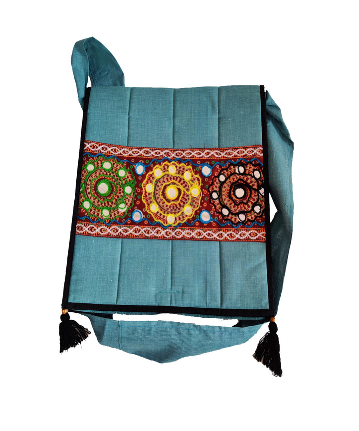 Teal blue hand embroidery cotton sling bag