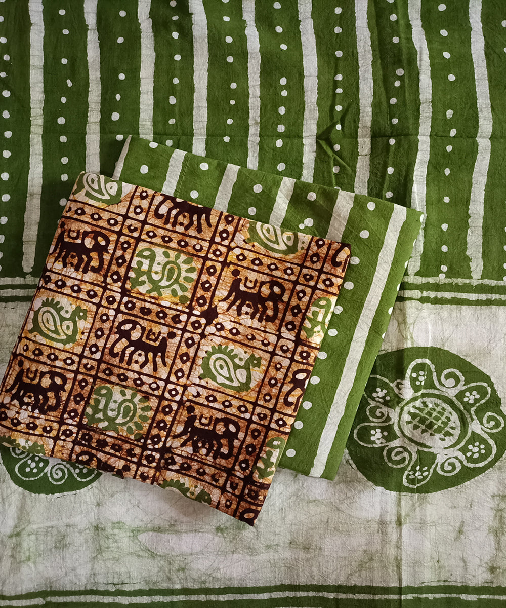 3pc Dark green white handspun handwoven cotton batik dress material