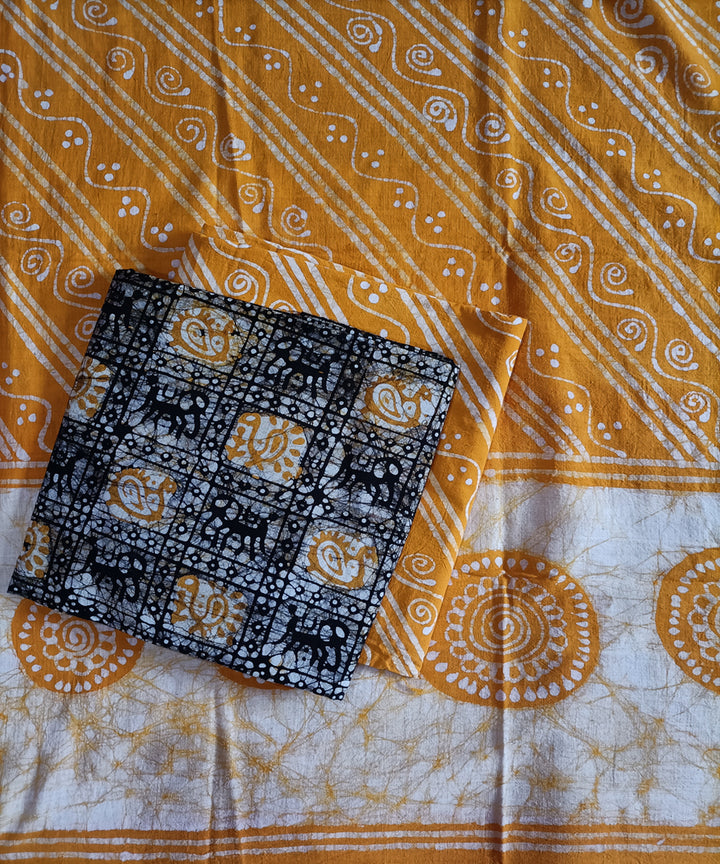 3pc Yellow white hand spun handwoven cotton batik dress material