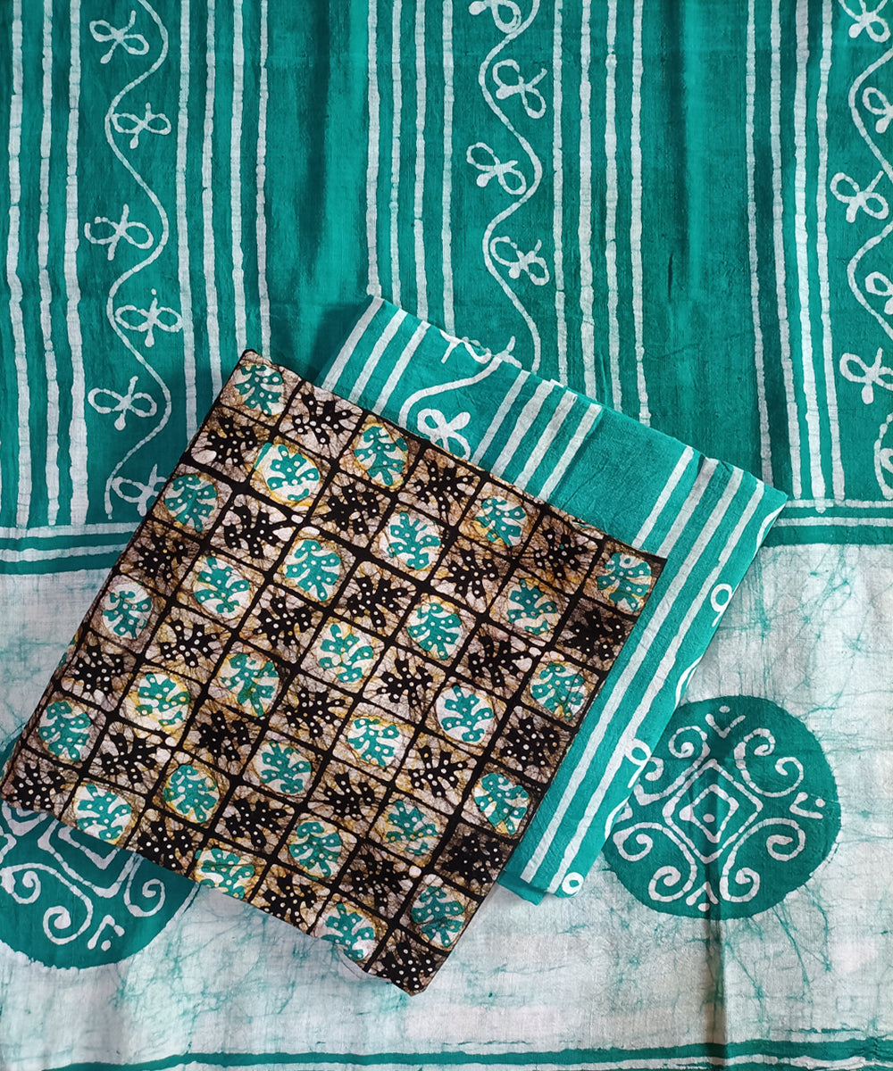 3pc Teal white hand spun handloom cotton batik dress material