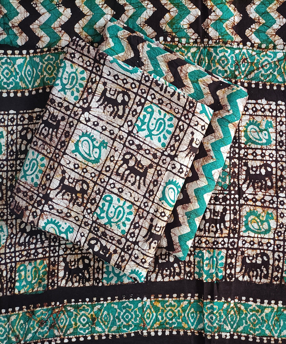 3pc Black bottle green handspun handwoven batik cotton dress material