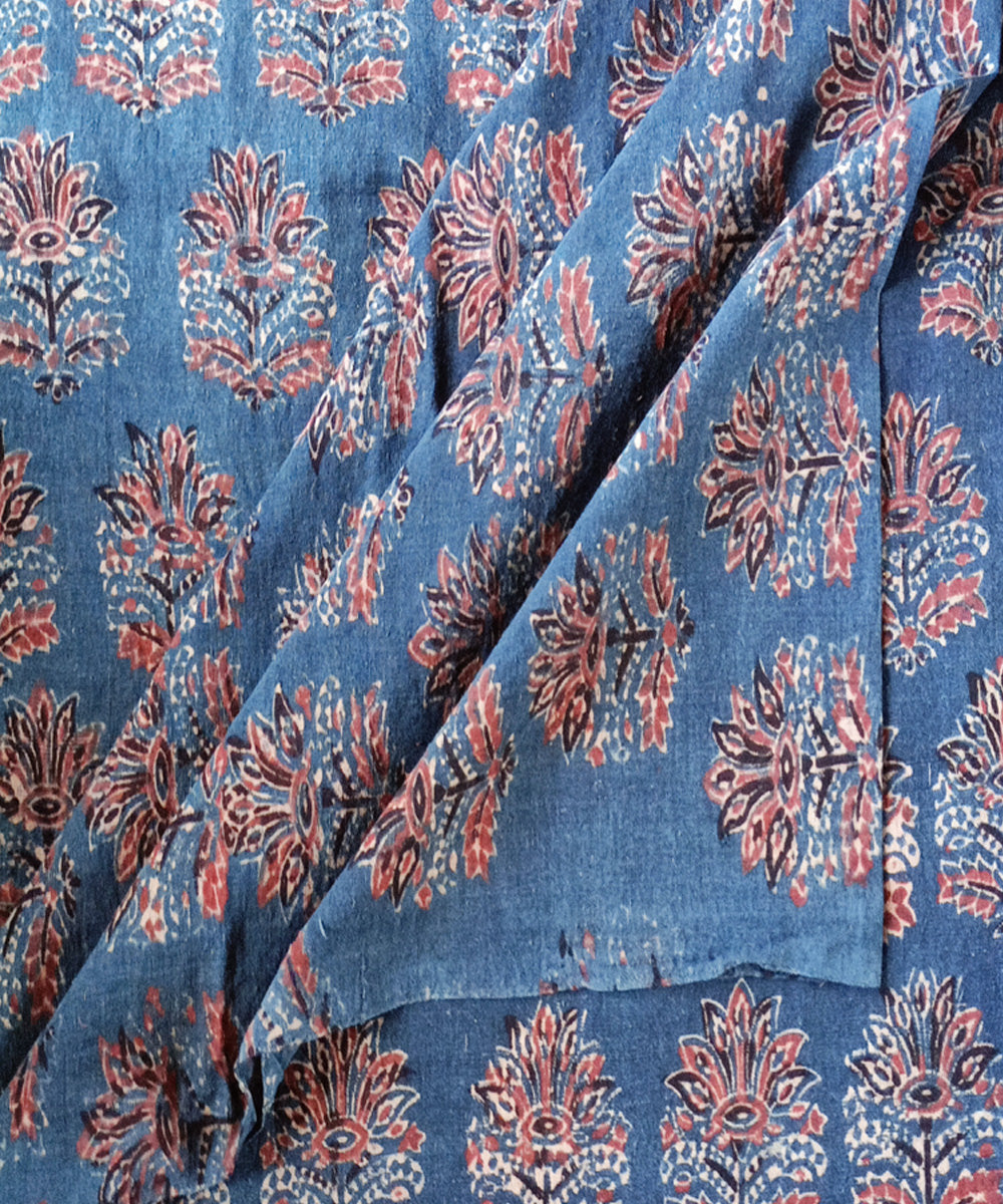 2.5m Blue red hand spun handwoven cotton ajrakh print kurta material