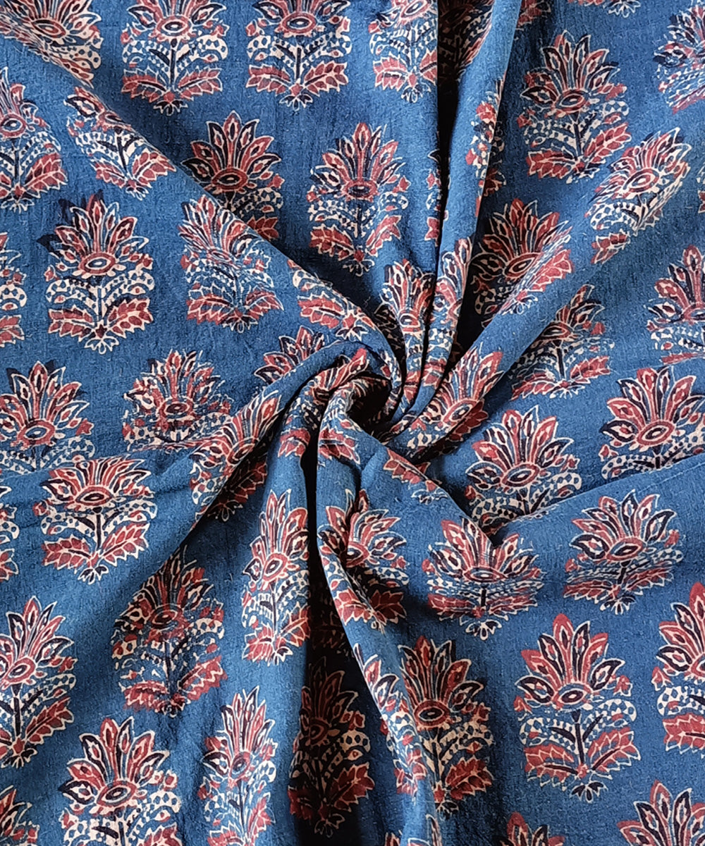 2.5m Blue red hand spun handwoven cotton ajrakh print kurta material