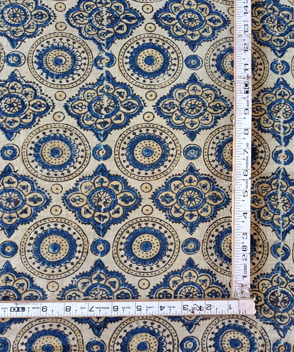 2.5m Cream blue handspun handwoven cotton ajrakh print kurta material
