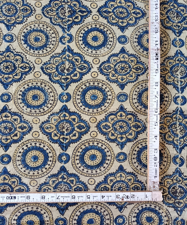 2.5m Cream blue handspun handwoven cotton ajrakh print kurta material