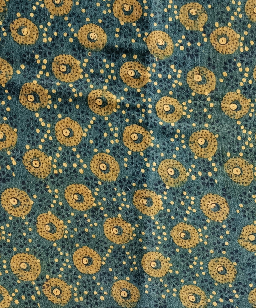 2.5m Blue yellow handspun handwoven cotton ajrakh print kurta material