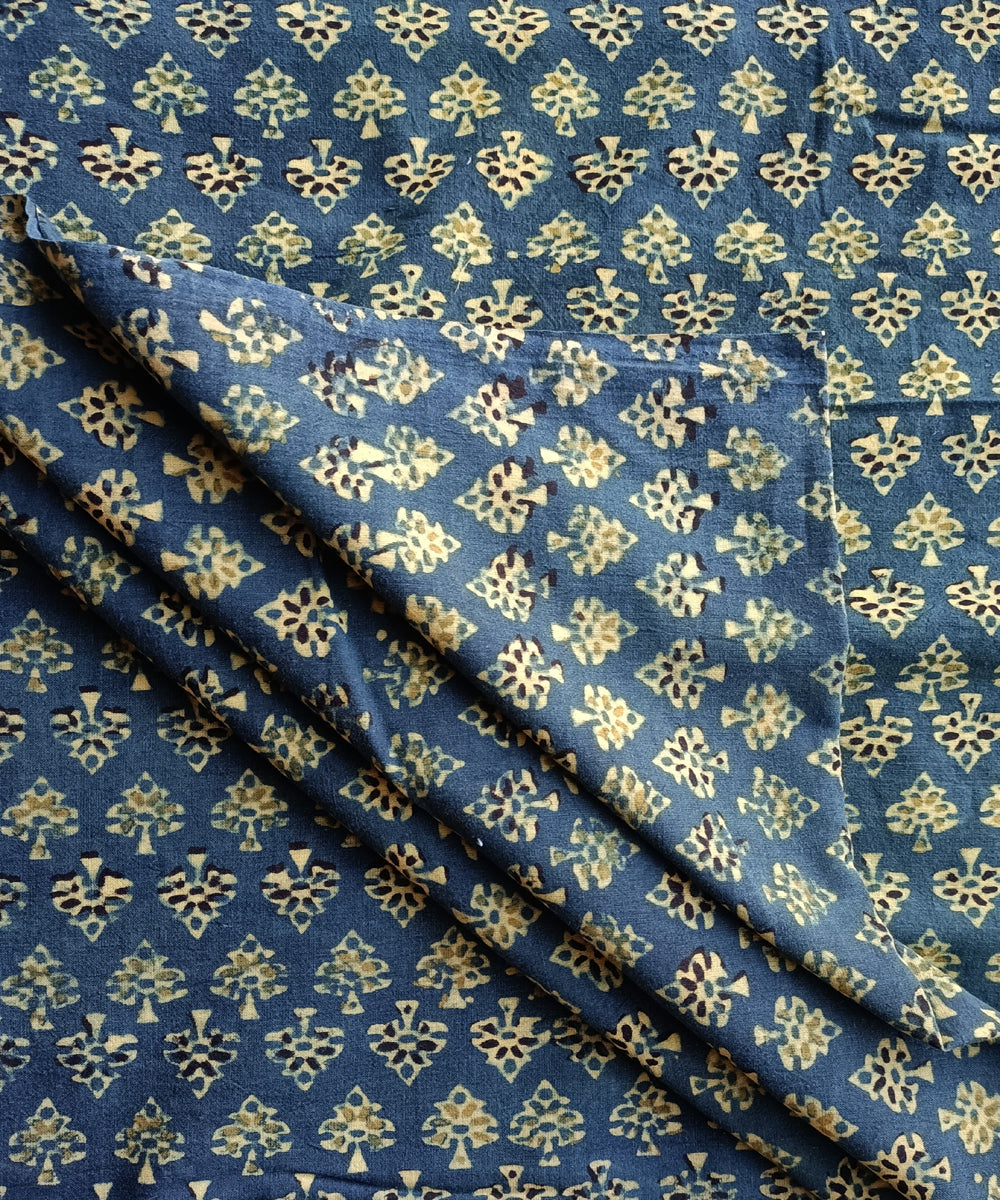2.5m Blue yellow handspun hand woven cotton ajrakh print kurta material