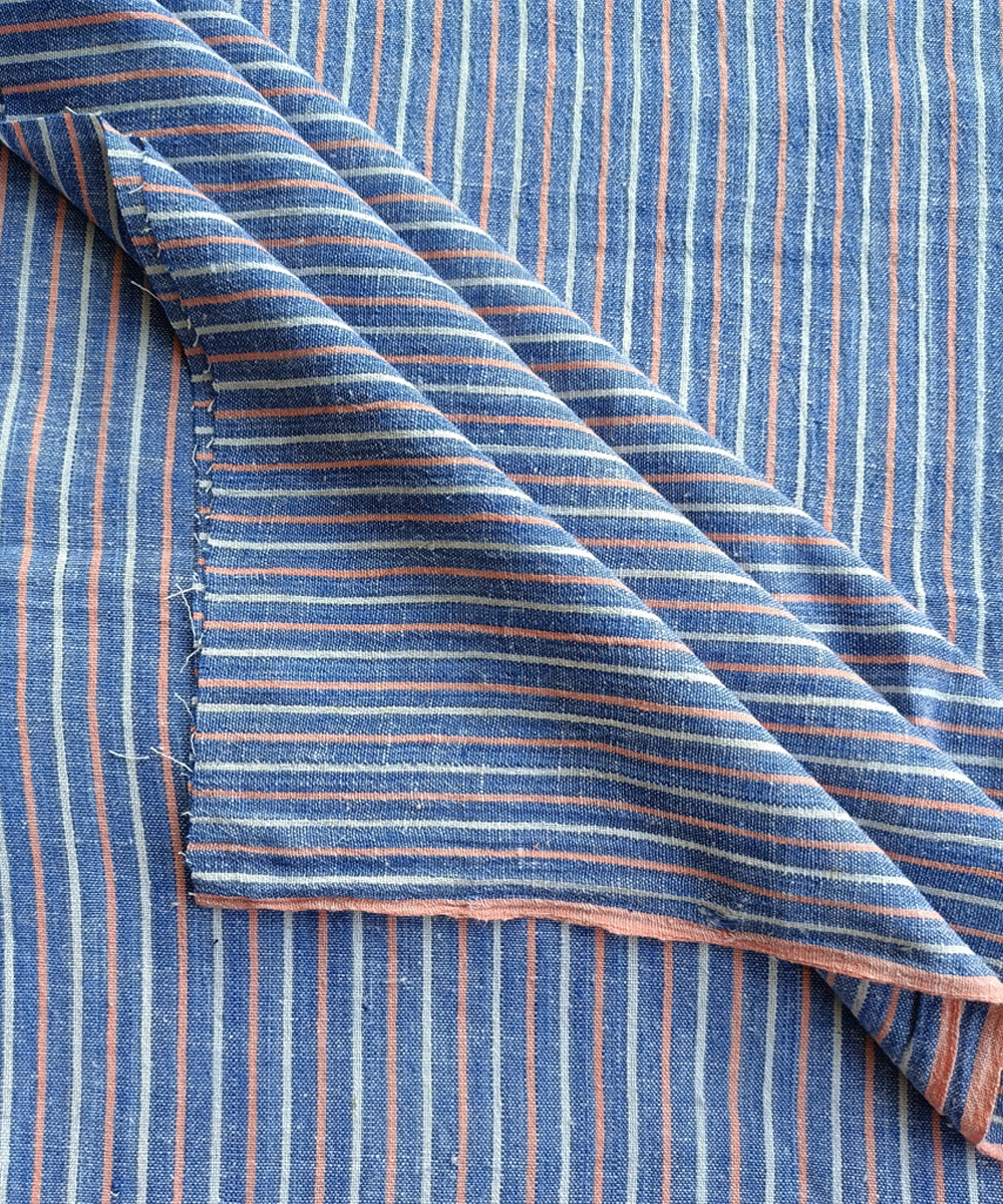 2.5m Blue white saffron handspun handloom cotton stripe kurta material