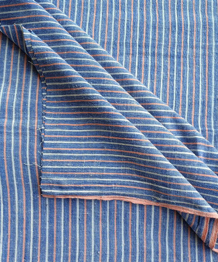 2.5m Blue white saffron handspun handloom cotton stripe kurta material