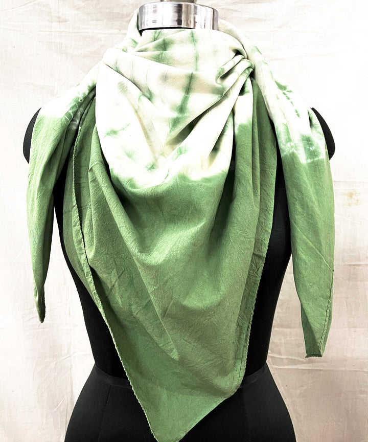 Green white hand printed tie dye cotton scarf