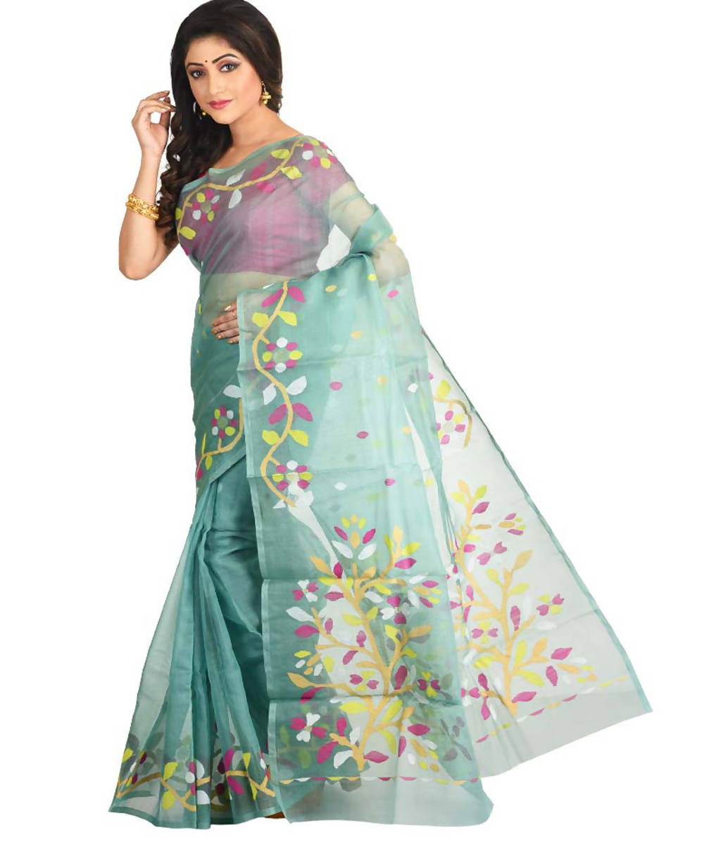 Resham shilpi cyan green bengal silk saree with handwoven jamdani work
