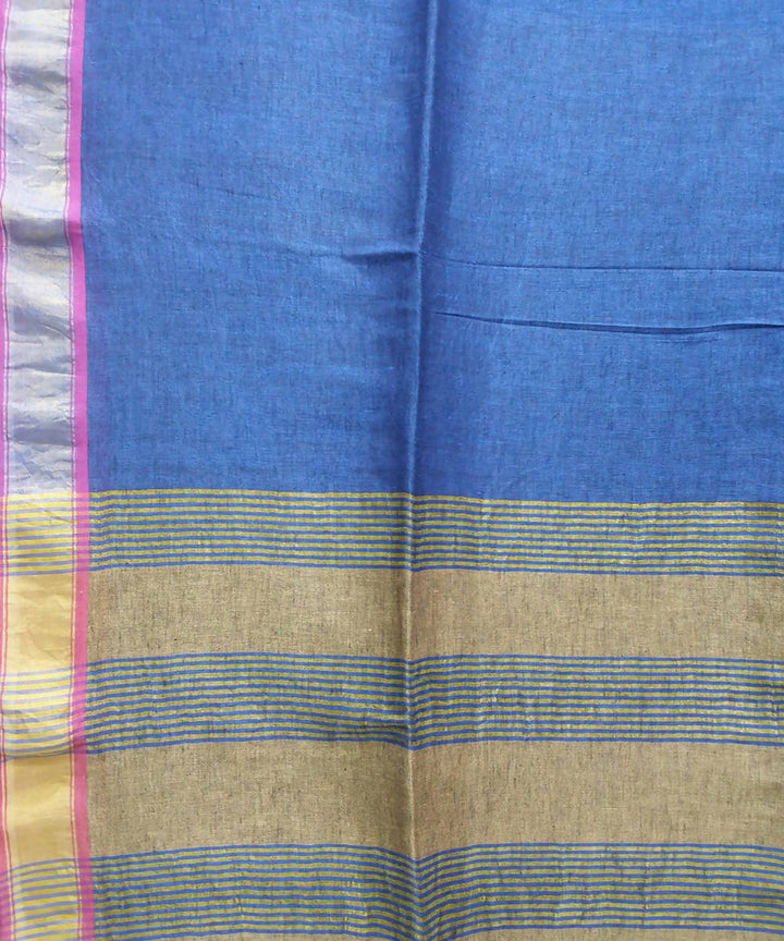 blue handwoven Cotton linen Zari boarder Saree