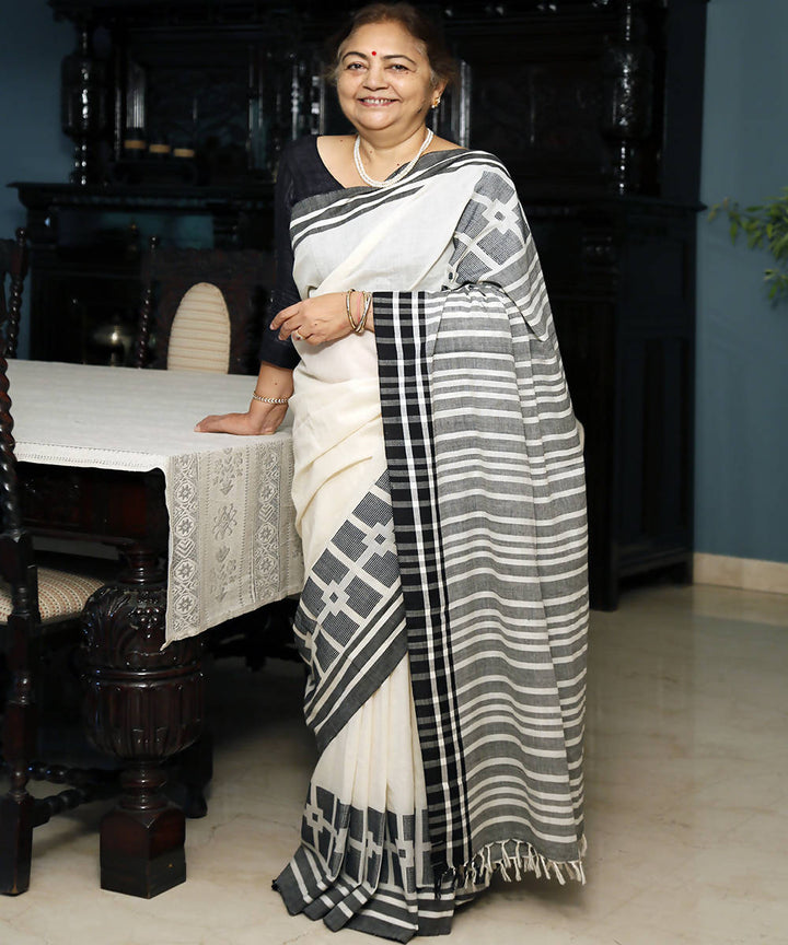 White black handwoven extra weft cotton saree