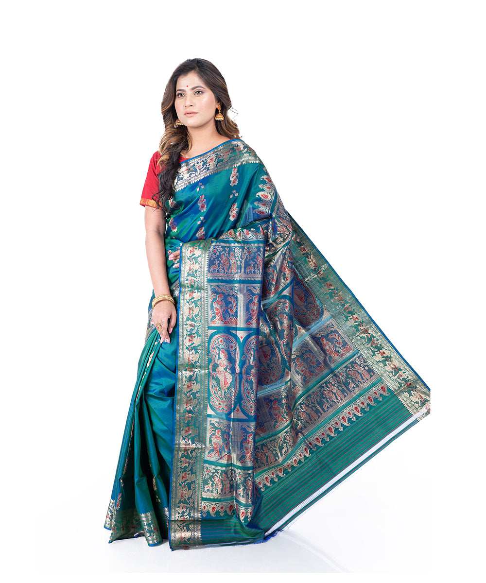 Cyan blue handwoven baluchari silk saree