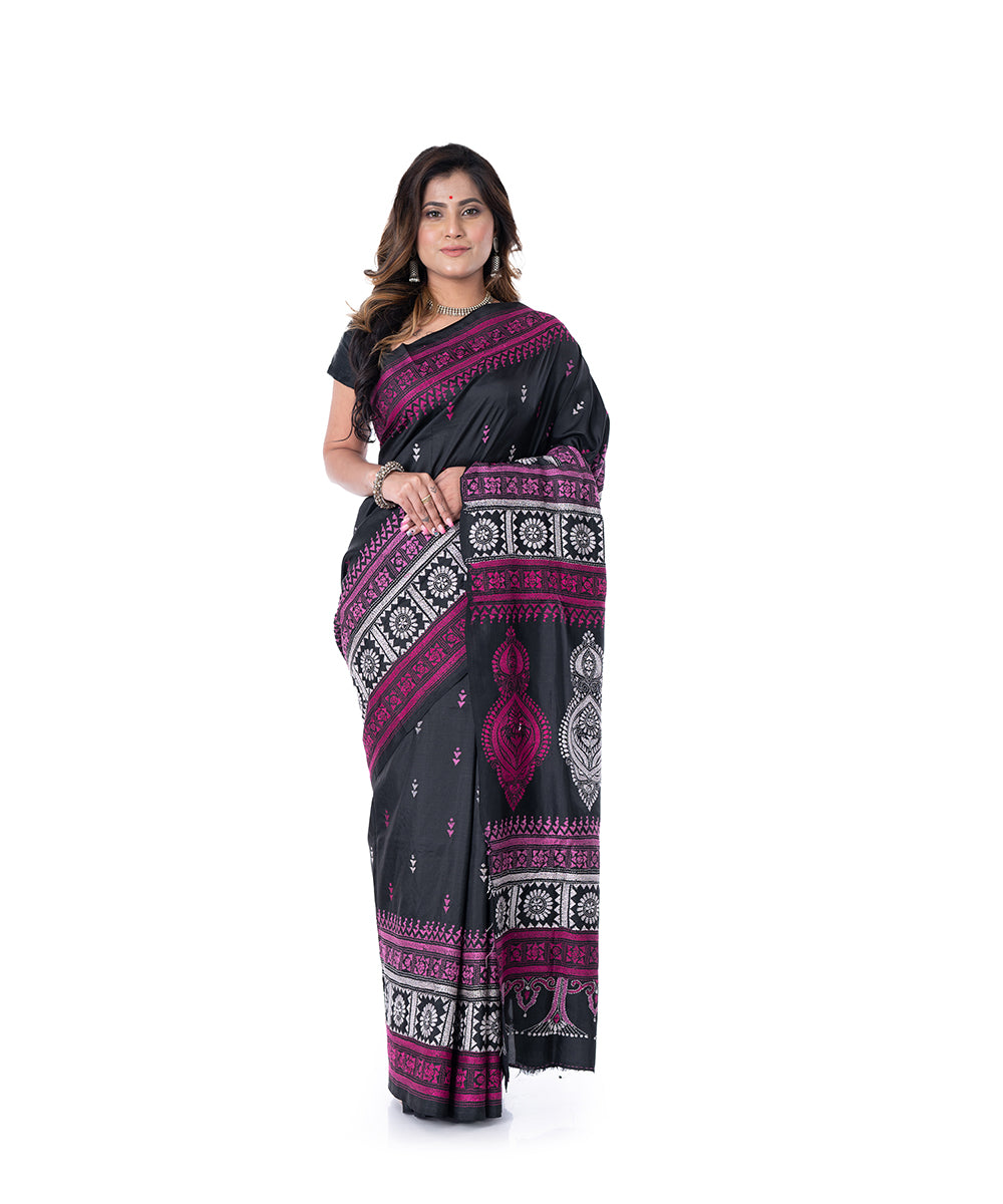 Black pink handwoven kantha stitch tussar silk saree