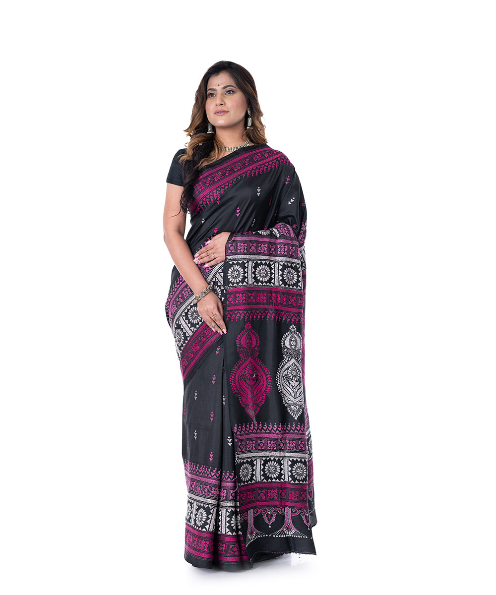 Black pink handwoven kantha stitch tussar silk saree