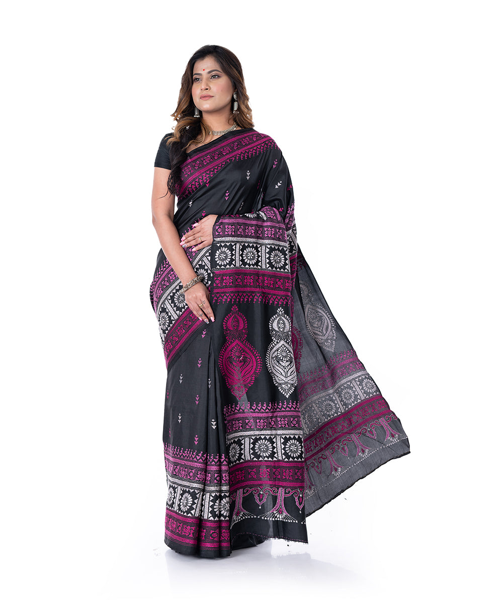 Black pink handwoven kantha stitch tussar silk saree