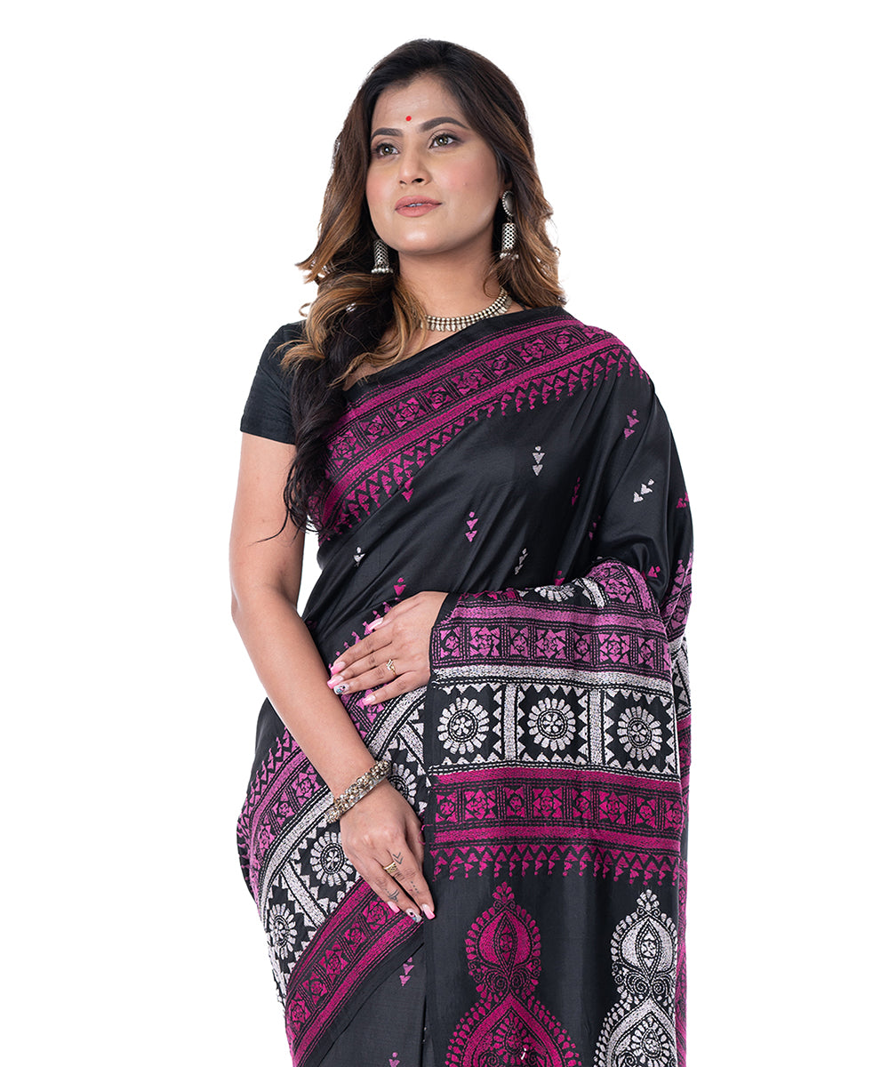 Black pink handwoven kantha stitch tussar silk saree