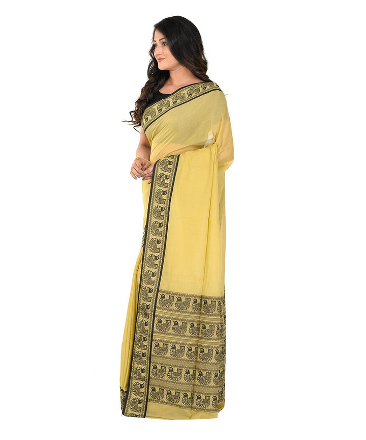 Yellow black handwoven cotton tangail saree