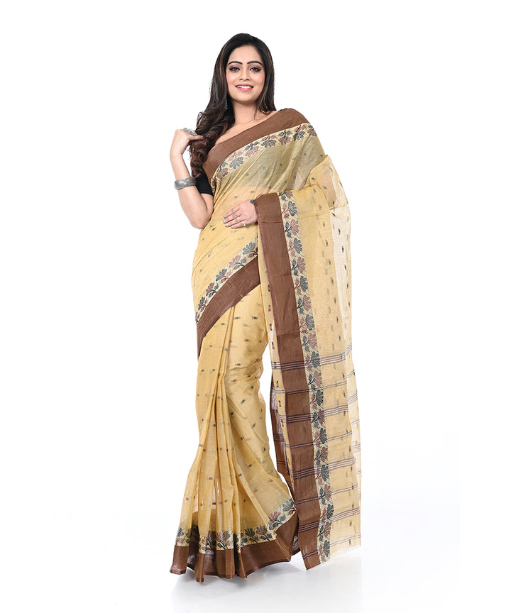 Cream brown handwoven cotton shantipuri saree