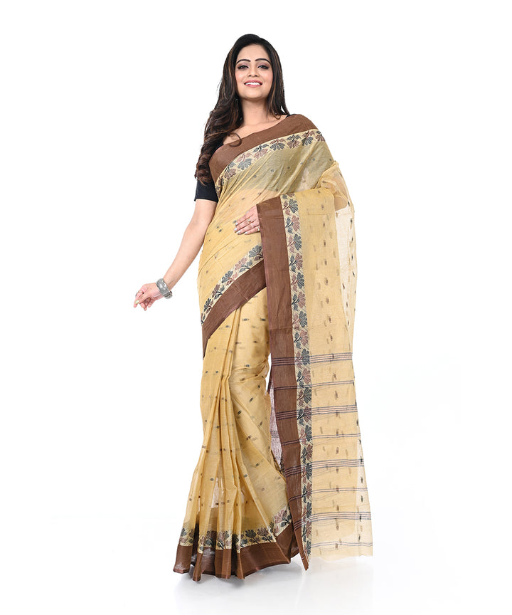 Cream brown handwoven cotton shantipuri saree