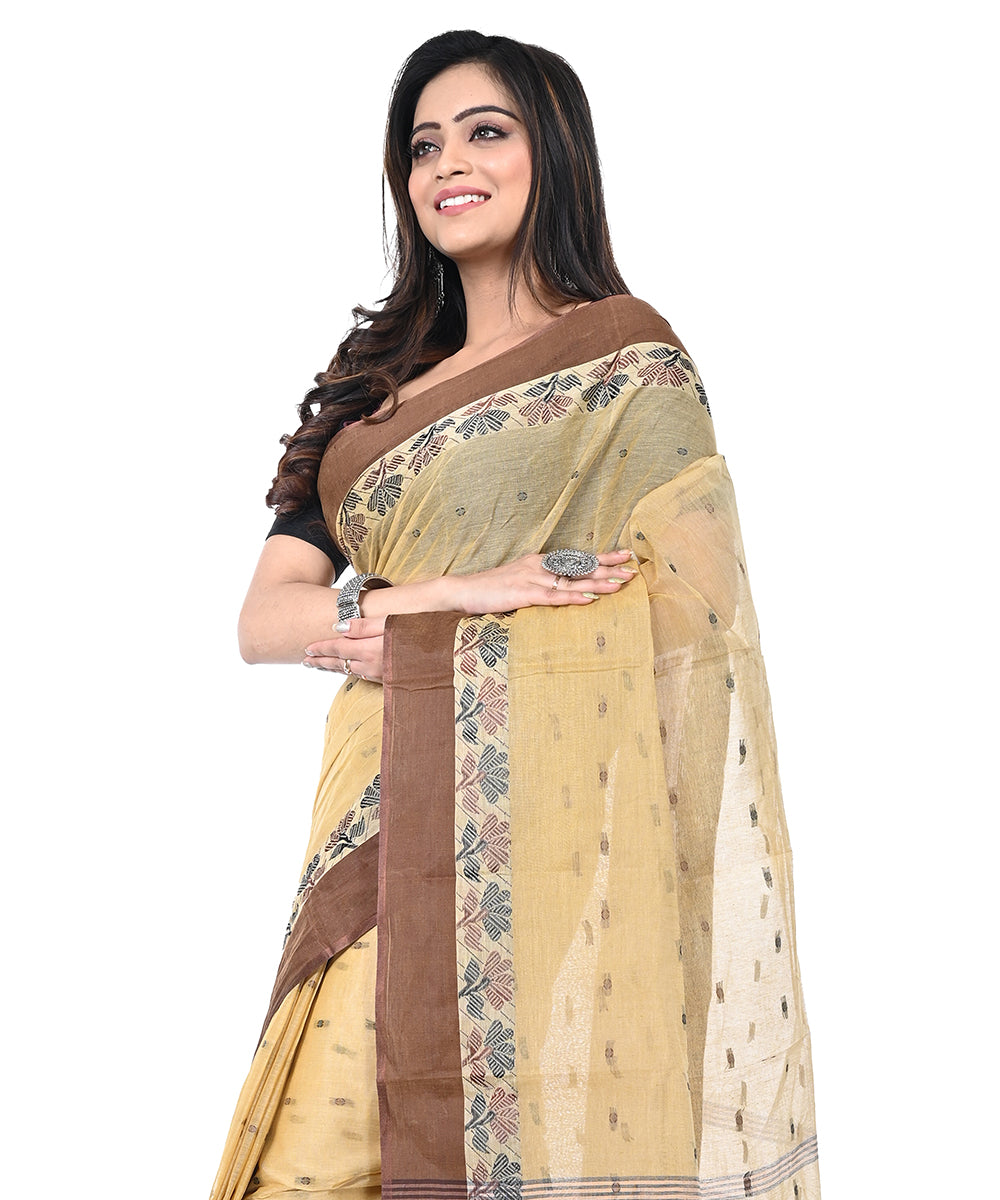 Cream brown handwoven cotton shantipuri saree