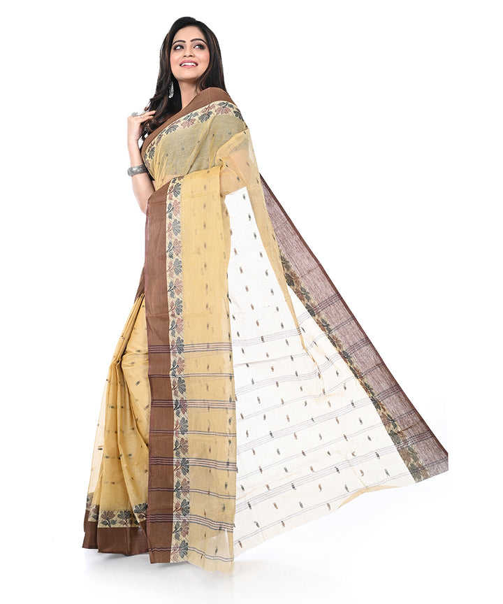 Cream brown handwoven cotton shantipuri saree