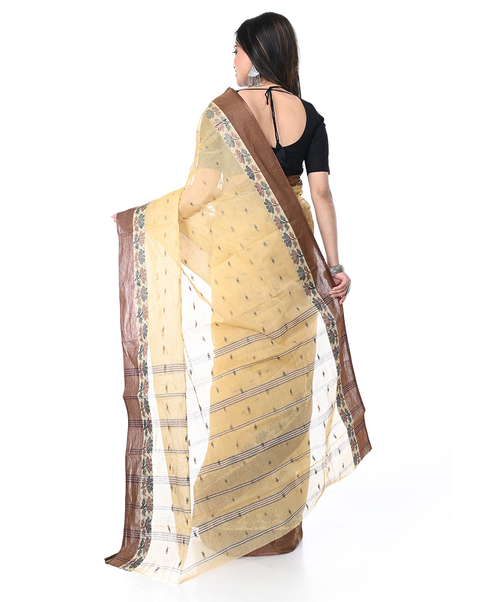 Cream brown handwoven cotton shantipuri saree